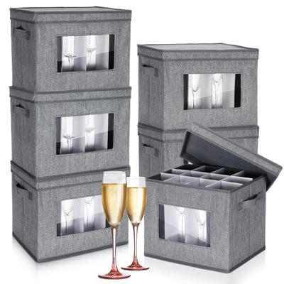 Uiifan 6 Pack Wine Glasses Storage Box with Dividers 12 Compartments Stemware Storage Cases Champagne Flute Storage Box with Lid Handle Window China Storage Container Organizer for Moving (Gray)