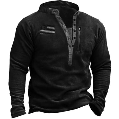 HARGLESMAN Homme Col Henley Manches Longues Col V Polaire Tactique Boutonné Drapeau Américain Mode Pull Patriotique Chaud Décontracté Chandails Élégants Hauts pour Extérieur Temps Froid Noir 3XL