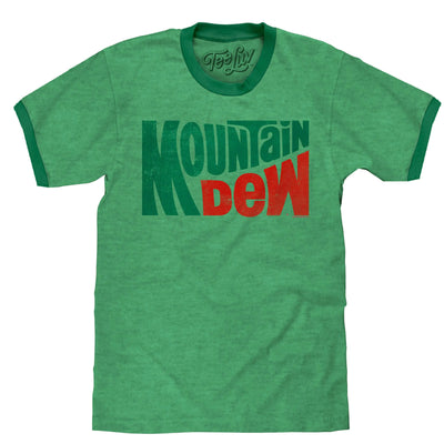 Tee Luv Mountain Dew T-Shirt - Vintage MT Dew Ringer Tee Shirt (Large) Green Heather/Kelly