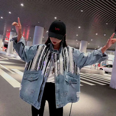 Striped Mid-length Denim Jacket