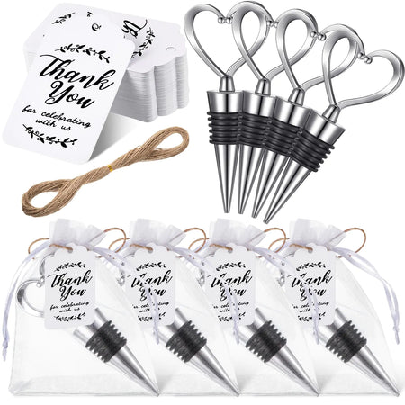 30 Pcs Heart Shape Wine Stoppers Love Wine Bottle Stopper silver Champagne Beer Bottle Stopper 50 Pcs White Kraft Labels 30 Pcs Sheer Bags with String for Wedding Gift Valentines Day Decorations
