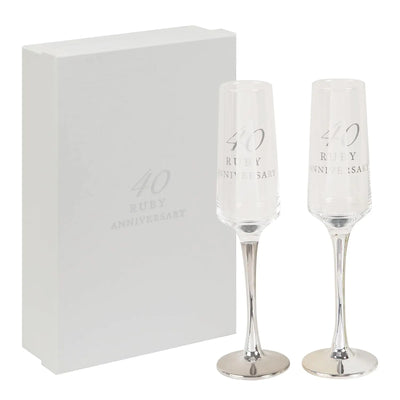 Happy Homewares 40th Anniversary Pair of Clear Glass Champagne Flutes with Silver Foil Text