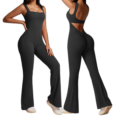 OEAK Womens Scrunch Butt Jumpsuits Flare Backless Romper Tummy Control Unitard Square Neck Outfits One Piece Cutout Bodysuits Black S