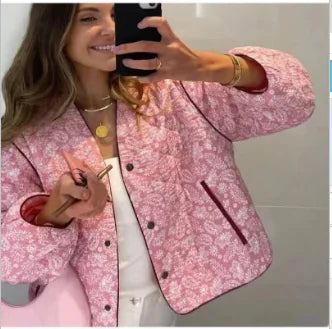 Chaqueta patchwork con estampado rosa fuerte