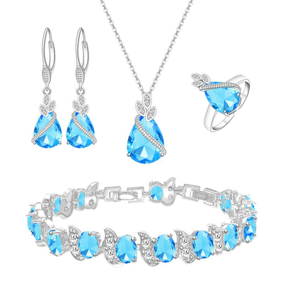 LMXXVJ Ensemble de bijoux en cristal australien pour femmes, plaqué platine, collier aigue-marine, bague, boucles d'oreilles, bracelet, parure de bijoux, cadeaux pour maman/épouse
