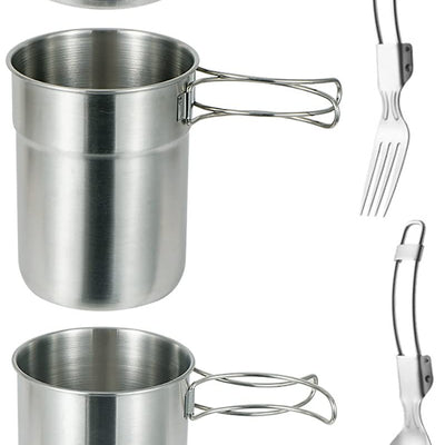DZRZVD Camping Cups and Mugs Pot 2Pcs-304 Food Grade Stainless Steel-Foldable Handle-Outdoor Cookware Set with Vented Lid & Spoon Fork-33oz Big+24oz Small for Backpacking Picnic Hiking Traveling