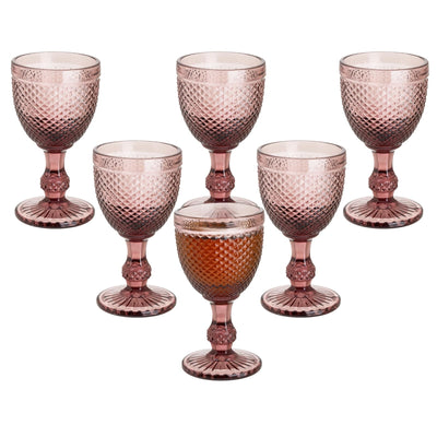 Purple Vintage Wine Glasses Set of 6 10 Ounces Colored Glass Water Goblets Unique Diamond Embossed Pattern High Clear Stemmed Glassware Wedding Party Bar Drinking Cups Fancy Glasses
