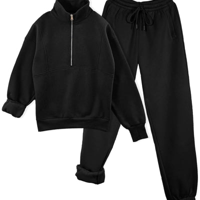 Ensembles de survêtements TAQCUX pour femmes, doublés polaires, pantalons de jogging et sweat-shirts à demi-zip, ensembles de survêtements assortis 2 pièces (Noir-L)