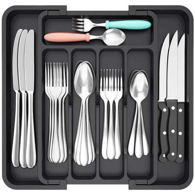 Lifewit Organizador de cajones de cubiertos expandible sin BPA Bandeja para utensilios de cocina Soporte ajustable para cubiertos y cuchillos para cucharas y tenedores Organizadores y almacenamiento de cocina de plástico Negro
