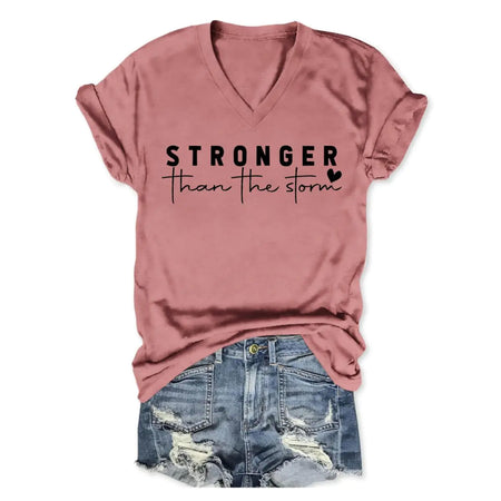 BVNTGSR Stronger Than The Storm Tshirt Women Christian V Neck T Shirts Religious Faith Graphic Tees Inspirational T-Shirts