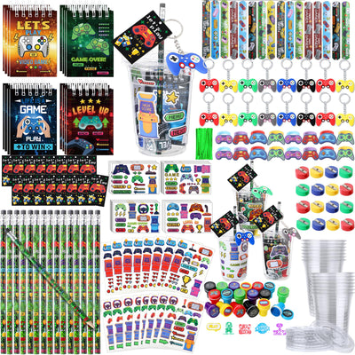 RoundFunny 177 Pcs Video Game Party Favors Drinking Cups Notebook Pencils Sharpener Keychain Slap Bracelets Ring Stamp DIY Sticker Tattoo Sticker Tag Twist Tie for Boy Kid Birthday Gamer Reward Gift