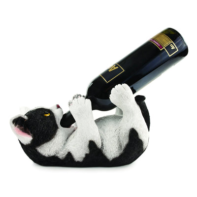 Auténtico soporte para botellas de vino de gatito patoso, decoración de cocina, botellero de mesa con forma de animal para amantes de los gatos y dueños de mascotas, juego de 1 en blanco y negro