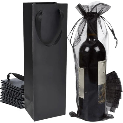 YUBONCE 60 sacs cadeaux de vin noirs avec sacs de bouteilles de vin en organza noir Sacs fourre-tout pour le vin en vrac Sacs en papier kraft pour bouteilles de vin whisky/spiritueux Sacs réutilisables.