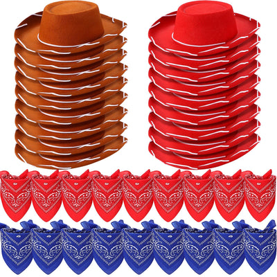 Unittype 18 Sets Cowboy Hats and Bandanas Bulk Kids Western Cowboy Costume Accessories Kids Party Supplies(Brown Red Blue)