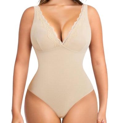 MERYOSZ Shapewear Bodysuit Tummy Control Body Shaper for Women V Neck Bodysuits Thong Lace Camisoles Jumpsuit Tops (Beige X-Large)