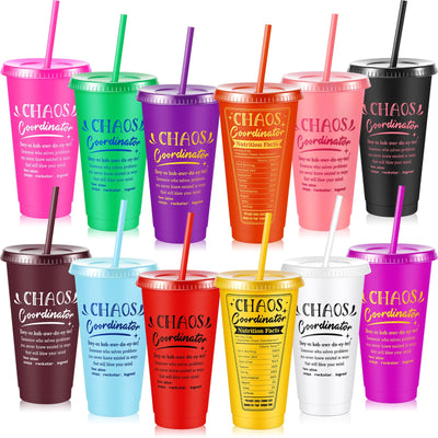 Uiifan 12 vasos coordinadores de caos para mujeres, 24 oz, de plástico reutilizable, con tapa de paja, vaso de viaje, botella de agua a granel, regalo de agradecimiento para profesores, empleados, enfermeras