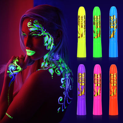 Peinture corporelle et faciale phosphorescente 6 crayons UV Kit d'accessoires néon pour fêtes fluo décorations de fête néon pour anniversaire Halloween Maquillage de mascarade pour enfants et adultes