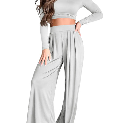 PEIARA Ensembles de salon 2 pièces pour femmes, automne, hauts courts à manches longues, tenues deux pièces pour femme, ensemble pantalon palazzo large, survêtements assortis, vêtements 2024