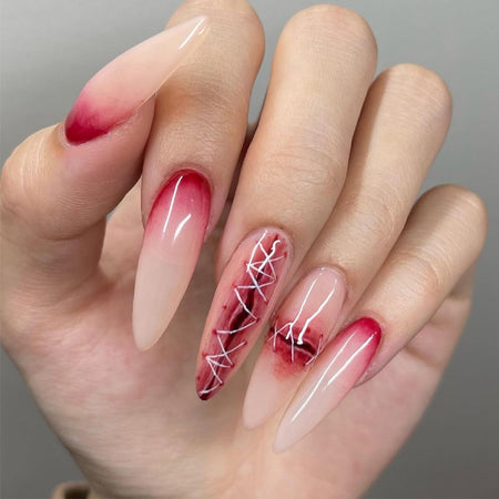 Horror Goth Press on Nails Long Halloween Scary Bloody Fake Nails Full Cover False Nail with Wound Design Gothic Acrylic Nails Glue on Nails Halloween Nail Art Decoration for Women Girls 24 Pcs