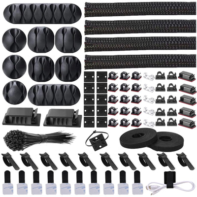 Kit d'organisation de câbles N NOROCME 4 gaines de câble fendues avec 41 clips auto-adhésifs (10 pièces) et 2 rouleaux de liens auto-agrippants de 100 attaches pour TV, bureau, voiture, maison (noir)