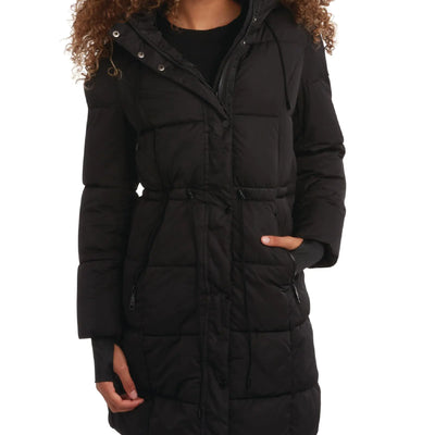 Veste pour femme Steve Madden - Doudoune longue confortable à capuche pour femme avec cordons de serrage à la taille - Doudoune chaude pour femme taille S-XL, taille XL, noire