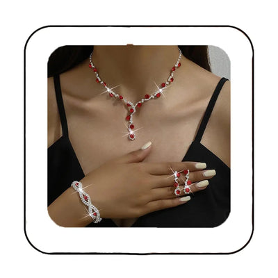 Conjuntos de Joyas para Novia de Unicra, Conjunto de Collar, Pulsera y Pendientes de Cristal para Novia, Conjunto de Joyas Plateadas para Fiesta de Graduación, Collar Gargantilla de Diamantes de Imitación para Mujeres y Novias (D-Plateado - Rojo)