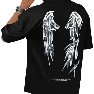 SHENHE Camiseta de manga corta con estampado de letras florales y cuello redondo para hombre, playera con eslogan de alas, color negro, XL