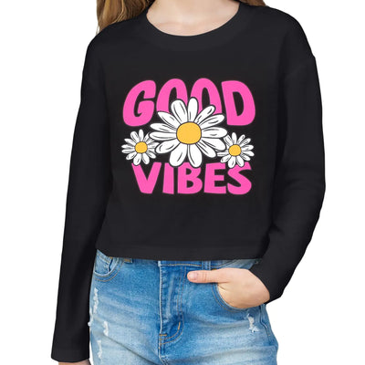 Arshiner Camisetas de manga larga para niñas, cuello redondo, camiseta corta, camisetas gráficas para niñas, hombros caídos, cuello redondo, camisetas casuales de moda, camiseta negra con flores de 7 a 8 años