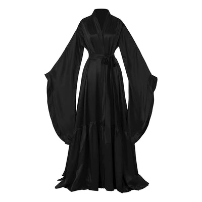 Daily Life Mall Bata de novia de satén de seda Lencería sexy de ilusión Camisón Batas de baño Ropa de dormir Lencería larga negra Bufanda para boda de tocador