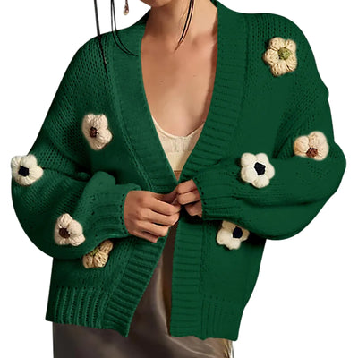Cakulo Cardigans Femme 2024 Automne Oversize Maille Épaisse Fleur 3D Ouvert Devant Gilet Tendance Vert Foncé S