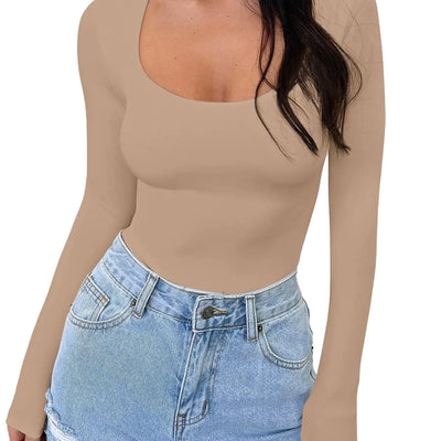 PINKMSTYLE Womens Scoop Neck Long Sleeve Bodysuits Sexy Double Lined Going Out Tops Night Out Outfits Light Taupe X-Large