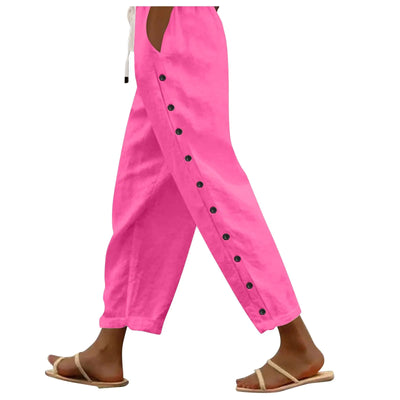 Pantalon en lin rayé pour femme, décontracté, avec boutons latéraux, cordon de serrage, léger, ample, style bohème, pour la plage, confortable, pour le travail, taille haute, pantalon en lin pour femme, pantalon cheville d'été, pantacourt