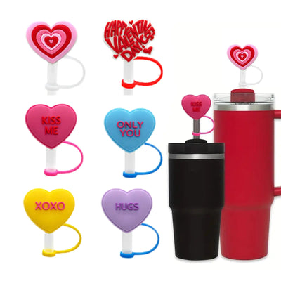 6pcs Straw Covers Cap for Stanley Cup Pink Red Purple Heart Silicone Stanley Straw Topper Colorful Heart Designs 10mm Stanley Cup Straw Cover Valentines Day Drinking Straw Topper Accessories