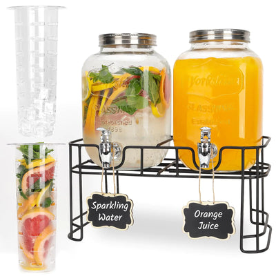 Distributeurs de Boissons en Verre pour Fêtes Lot de 2 Distributeurs de Boissons de 3,8 Litres avec Support et Robinet 100% Anti-fuite. Distributeur de Limonade avec Cylindre à Glaçons et Tableau Noir