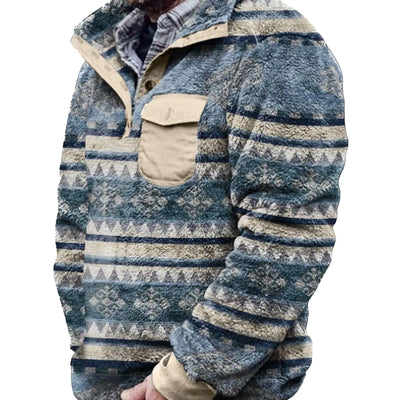 LOAIHA Pulls en polaire pour homme avec imprimé aztèque, pull en sherpa duveteux, sweat-shirts rétro western, pulls chauds d'hiver boutonnés avec poches