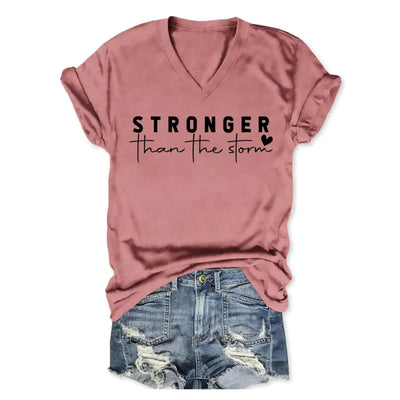 BVNTGSR Stronger Than The Storm Tshirt Women Christian V Neck T Shirts Religious Faith Graphic Tees Inspirational T-Shirts
