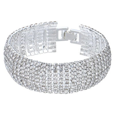 Pulsera de cadena multicapa ancha de cristal con diamantes de imitación bañados en plata brillante Ecesha para mujer, para bodas, bailes de graduación, bisutería (9 capas, 7 pulgadas)