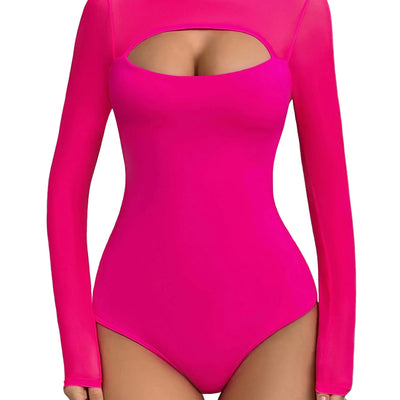 Aranmei Women’s Sexy Mock Turtle Neck Long Sleeve Shirts Sheer Mesh Cutout Trendy Going Out Bodysuits Tops(Hot Pink Small)