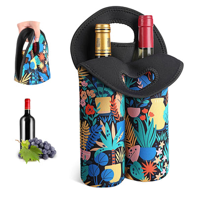 Desing Wish Sac de transport pour 2 bouteilles de vin de 750 ml, sac isotherme en néoprène pour vin rouge/blanc, sacs cadeaux pour vin, pique-nique, fête, plage, Noël – Forêt tropicale
