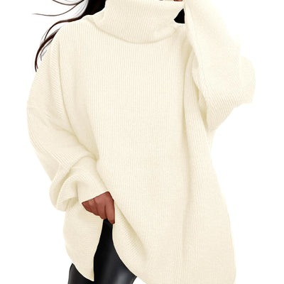 LUXVEER Pulls amples à col roulé pour femme, manches chauve-souris, tricot décontracté, coupe ample, tunique, collection automne 2024, couleur beige