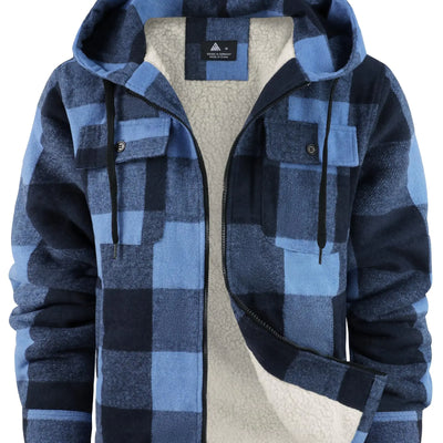 SCODI Camisa de franela para hombre, chaqueta de forro polar Sherpa, chaquetas a cuadros, abrigo con cremallera completa, sudadera con capucha, ropa de invierno, azul 3XL