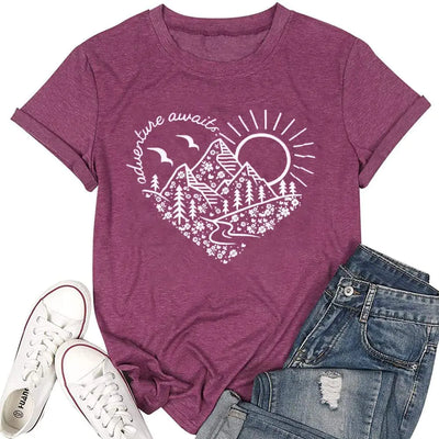Adventure Awaits T-Shirt Women Outdoor Graphic Tee Shirt Nature Hiking Camping Tee Shirts Travel Shirt Purple