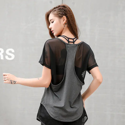 Camisetas de verano de malla con retazos para fitness y running para mujer