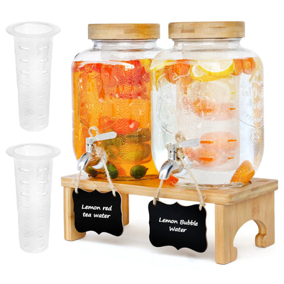 Dispensador de bebidas de 1 galón con soporteJuego de 2 dispensadores de bebidas de vidrio con soporte de madera, grifo de acero inoxidable y etiquetas. Dispensadores de agua grandes para fiestas, limonada, zumo, té