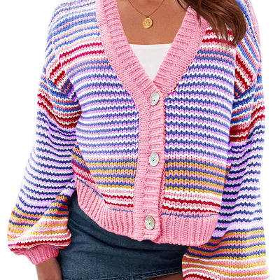 Saodimallsu Cardigans rayés pour femmes, pulls oversize à manches bouffantes, boutonnés, col en V, pull en tricot color block rose
