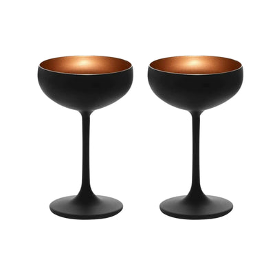 Stolzle Lausitz Olympia German Made Black with Bronze Champagne Saucer Coupe Glass Set of 2