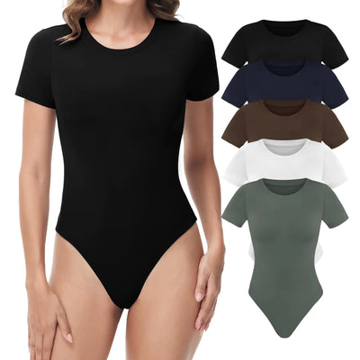 5 Pack Bodysuits for Women - Stretchy Bodysuit Womens Tops Round Neck Body Suit T Shirts for Women Going Out Tops