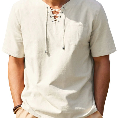 COOFANDY Chemise décontractée en coton et lin pour homme, à manches courtes, col en V, lacets, style hippie, plage, t-shirt de yoga d'été