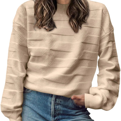 CCTOO Pulls Oversize Femme : Pull Col Rond Tricot Patchwork Motif Carreaux Élégant Tendance Confortable Beige Grande Taille