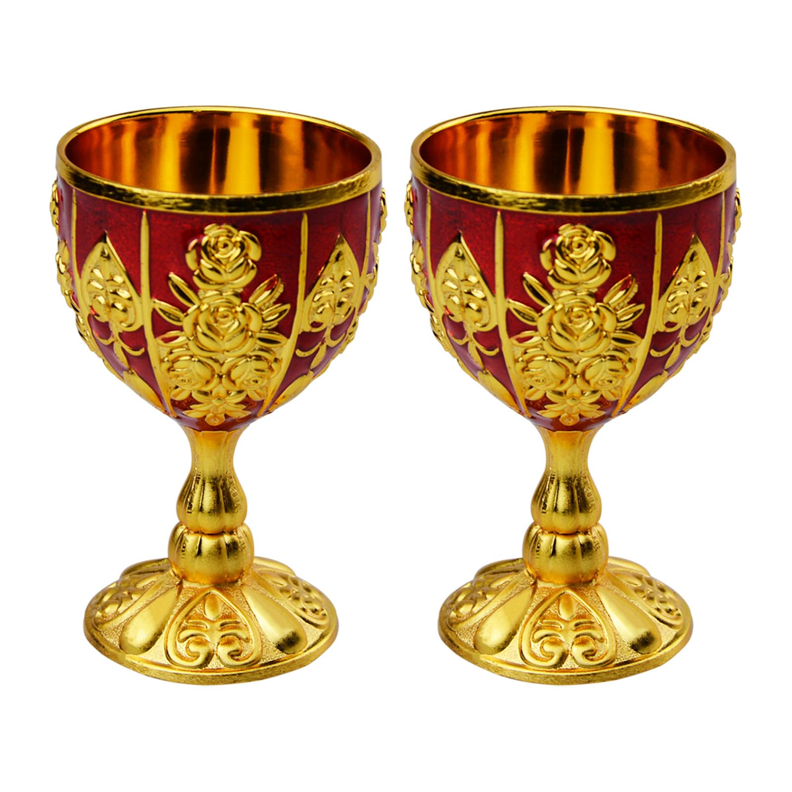 2Pcs Vintage Chalice Medieval Goblet 30Ml Brass Royal Wine Glass Cups Medieval for Wedding Anniversary Gold Goblet Cups for Renaissance Gifts Novelty Ceremonial Catholic Church Baptism Holy (Red)